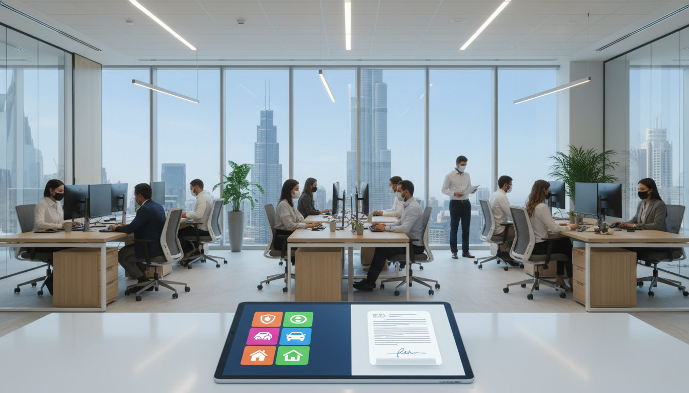 A professional modern office setting in Dubai with Burj Khalifa visible through the window, showing a diverse group of employees working safely and a digital tablet displaying insurance icons and legal documents.