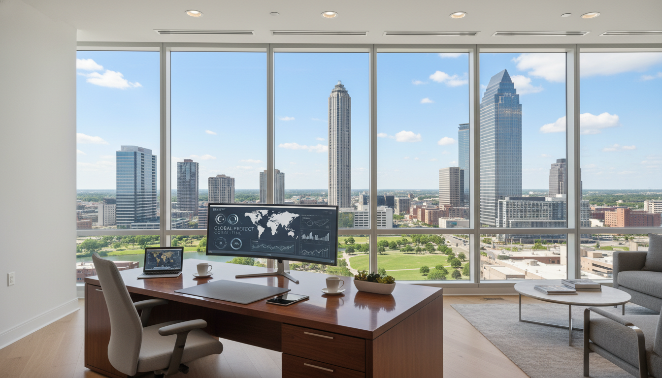A high-resolution, professional office interior in downtown Tulsa, Oklahoma, featuring a large glass window overlooking the iconic BOK Tower and skyline, with a subtle, modern desk setup representing a global insurance consultation environment.