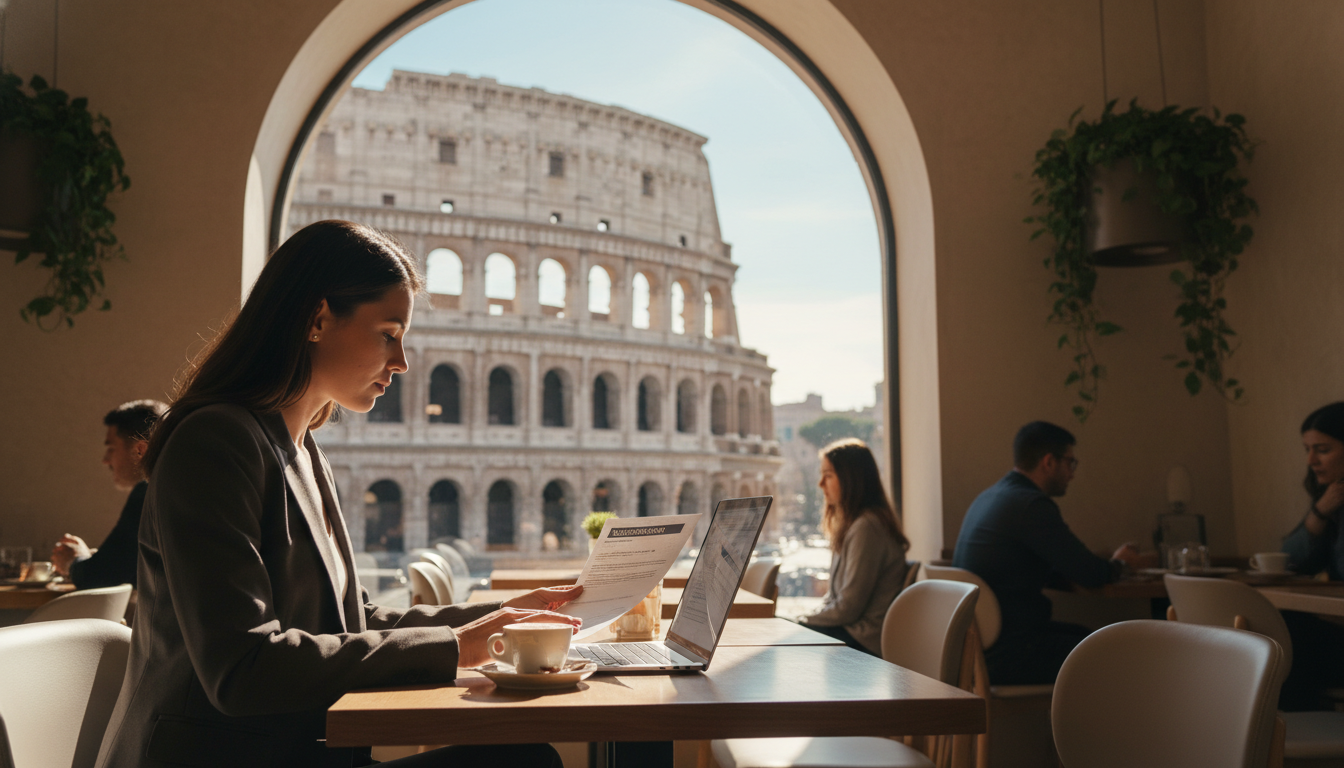 A professional person sitting in a modern Italian cafe in Rome, reviewing insurance documents on a laptop with the Colosseum visible through the window, soft morning sunlight, cinematic photography style.