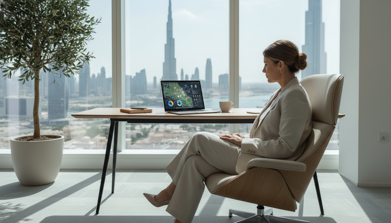 A professional entrepreneur sitting in a minimalist, sun-drenched office in Dubai with a view of the Burj Khalifa and the city skyline in the background, working on a sleek laptop that displays a digital map of Idaho and healthcare data charts.