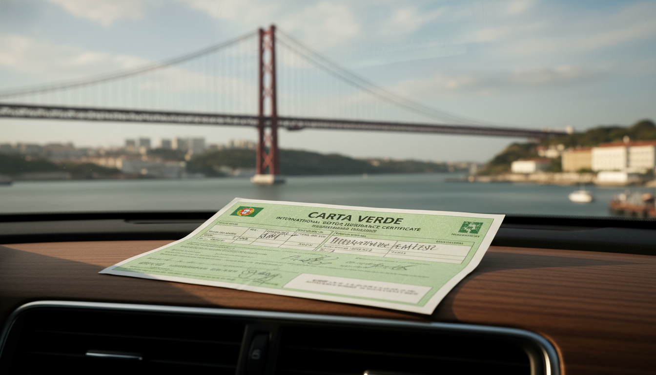 A professional close-up shot of a Portuguese car insurance 'Carta Verde' document sitting on a wooden dashboard of a modern car, with the scenic 25 de Abril Bridge in Lisbon blurred in the background, 8k resolution, cinematic lighting.