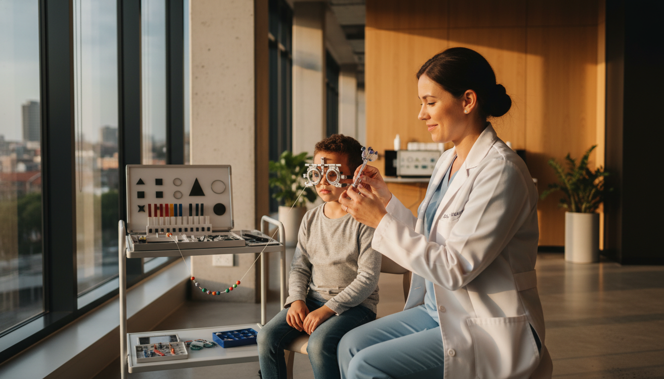A professional optometrist working with a child using specialized vision therapy tools like prisms and lenses in a modern clinic in Johannesburg, with warm natural lighting.