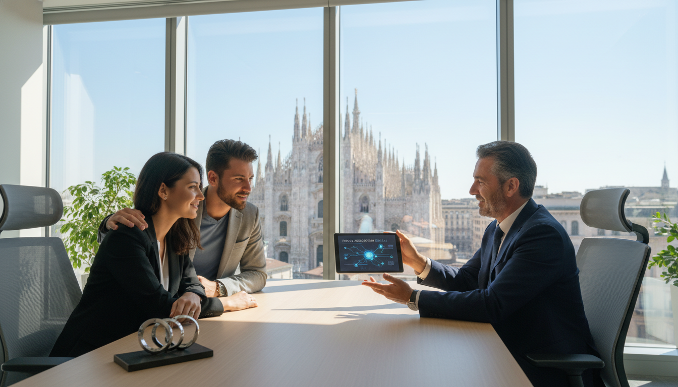 A professional insurance consultation taking place in a bright, modern office in Milan, with a view of the Duomo through a large glass window. A friendly Italian consultant is showing a digital tablet to a young couple, symbolizing trust and modern insurance services.
