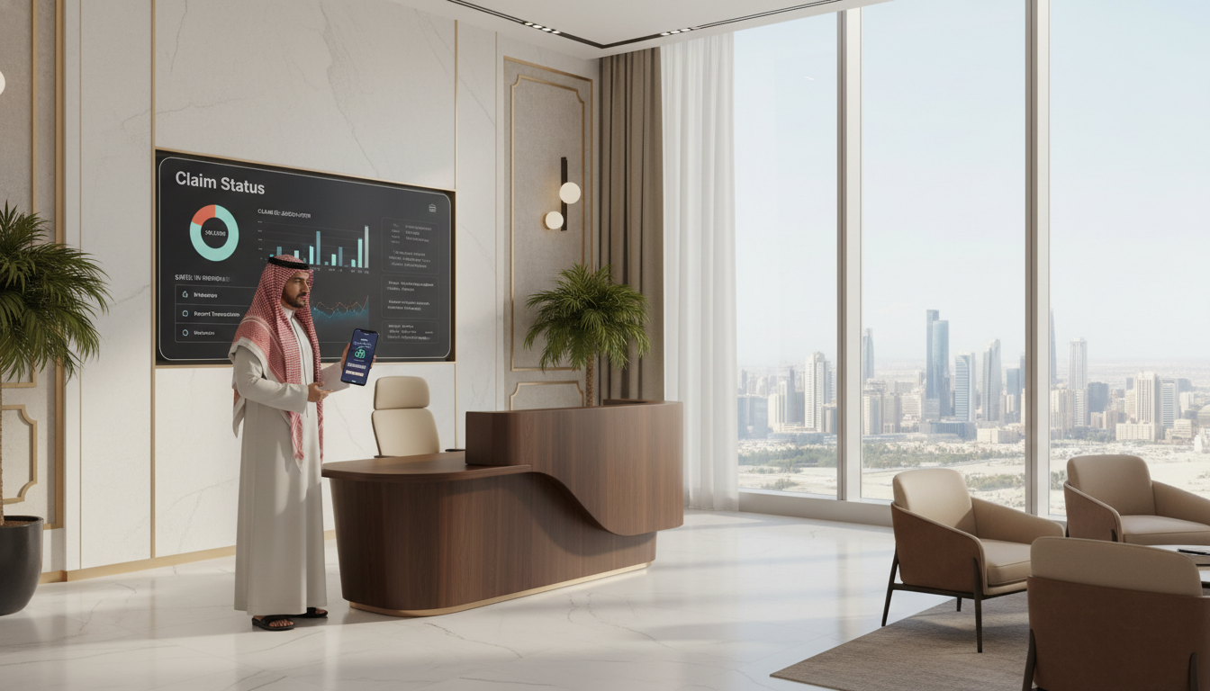 A high-quality realistic photo of a modern Saudi Arabian insurance office interior with a digital screen showing a 'Claim Status' dashboard, a person in professional Saudi attire holding a smartphone with a banking app, soft natural lighting through a large window overlooking a Riyadh skyline.