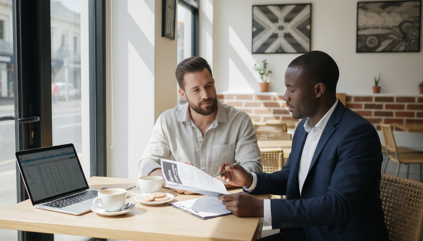 A professional insurance agent discussing a policy document with a restaurant owner in a sun-lit, modern South African cafe setting, with a laptop and coffee on the table.