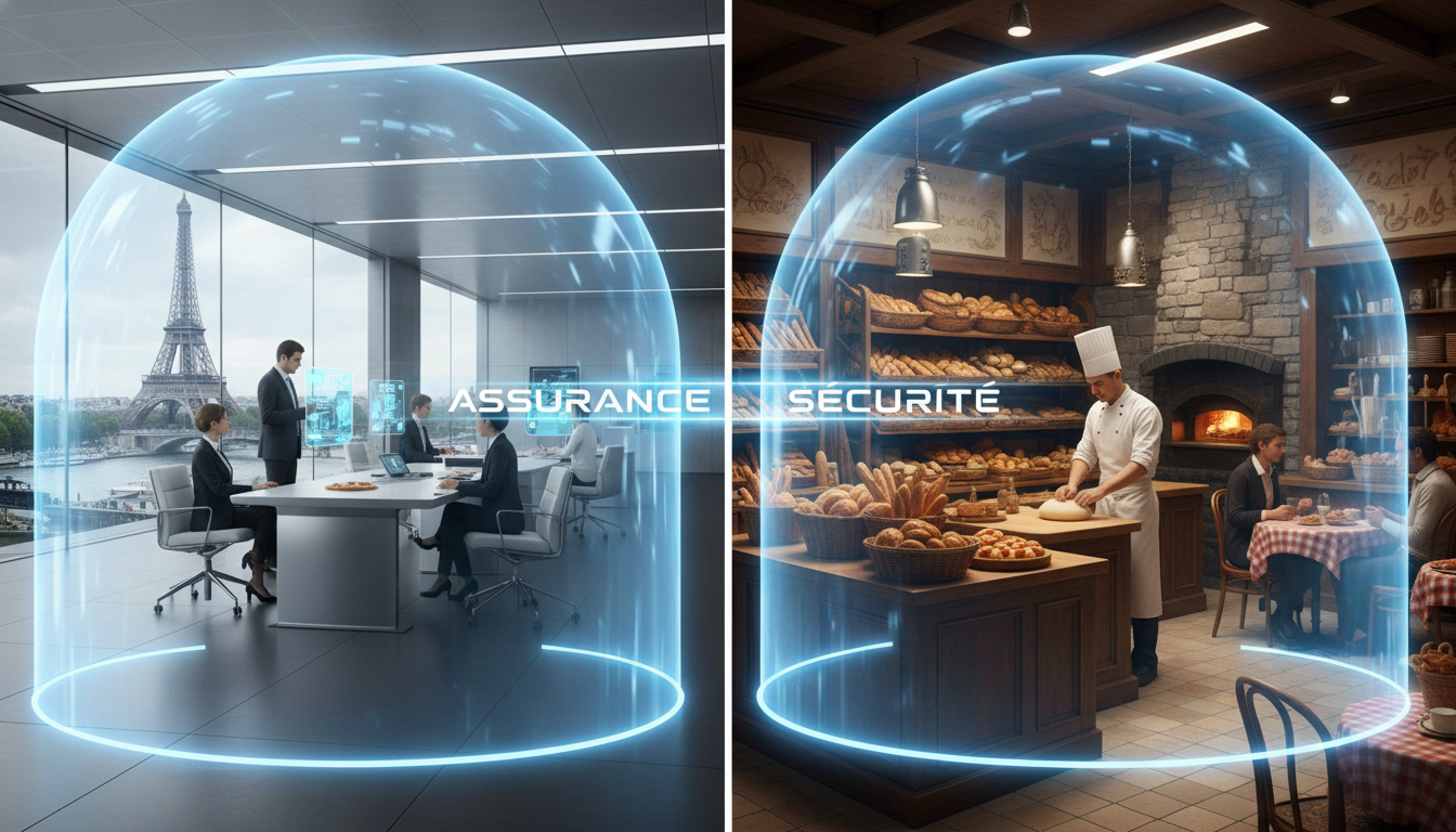 A professional split-screen image showing a high-tech modern office in Paris and a traditional French artisan bakery, both protected by a blue translucent shield representing insurance security.