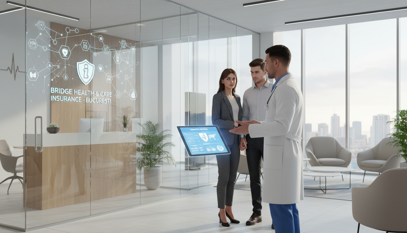 A modern medical facility in Bucharest with a focus on a doctor discussing a digital health report on a tablet with a young professional couple, representing the bridge between technology and personal insurance care.