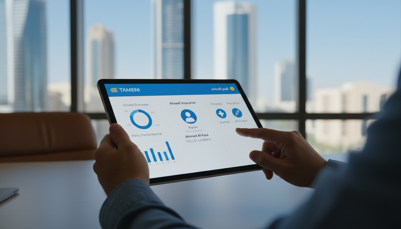 A professional, high-resolution close-up of a person using a tablet in a modern office in Riyadh. The screen shows a clean, user-friendly interface of a Saudi insurance dashboard with charts, a profile section, and medical icons. In the background, blurred city architecture is visible through a large window.